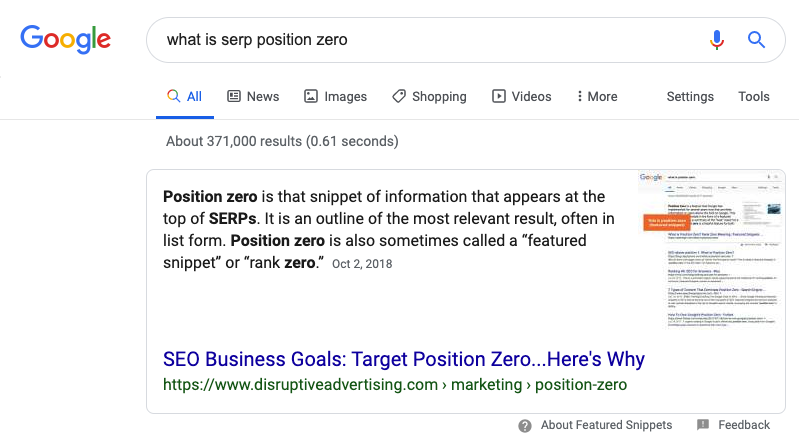 Google Results Page with Position Zero