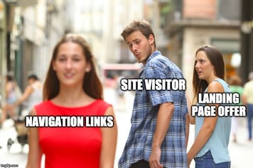 meme man labeled site visitor looking at woman labeled navigation links instead of woman labeled landing page offer